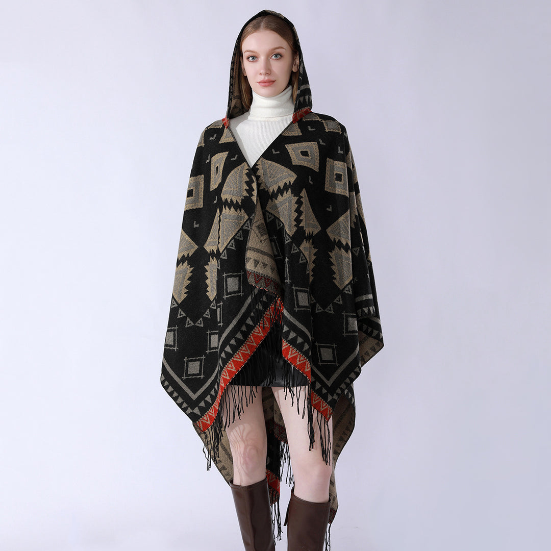 Damen Zweilagiger Kapuzen-Überwurf mit asymmetrischem Fransensaum und geometrischem Jacquard Shop Nory