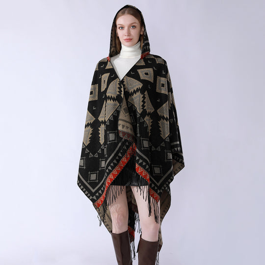 Damen Zweilagiger Kapuzen-Überwurf mit asymmetrischem Fransensaum und geometrischem Jacquard Shop Nory