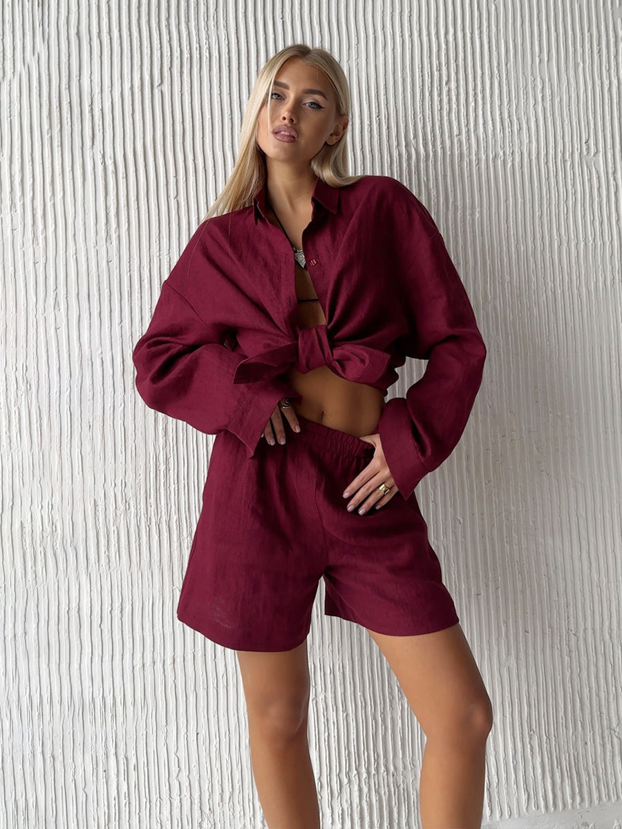 Damen lässige Leinenbluse und Shorts Set