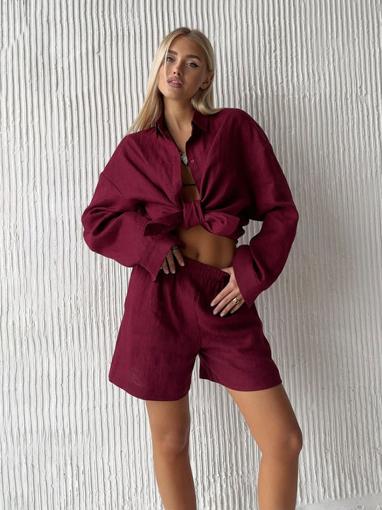 Damen lässige Leinenbluse und Shorts Set