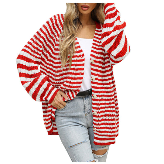 Damen gestreifte oversized Strickjacke mit V-Ausschnitt und Knopfleiste Shop Nory