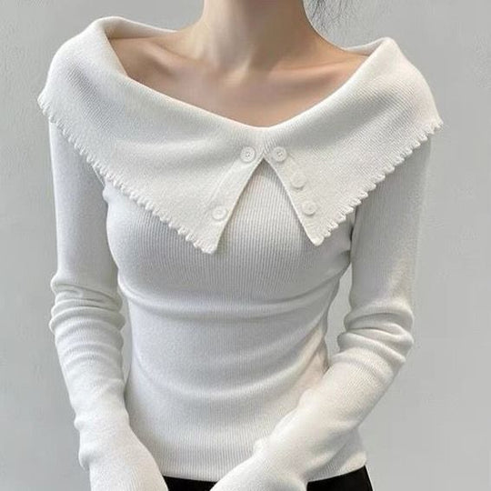 Damen Eleganter Pullover mit weitem Kragen und Knopfdetails Shop Nory