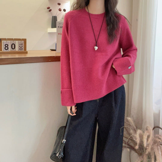 Damen Oversize‑Feinstrickpullover mit breitem Rippbund, extraweiten Ärmelabschlüssen und Zierknopf Shop Nory