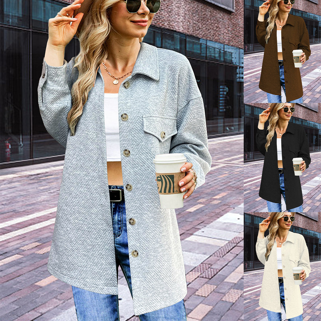 Damen Longline Oversize Hemdjacke mit aufgesetzten Pattentaschen und Strukturstoff Shop Nory