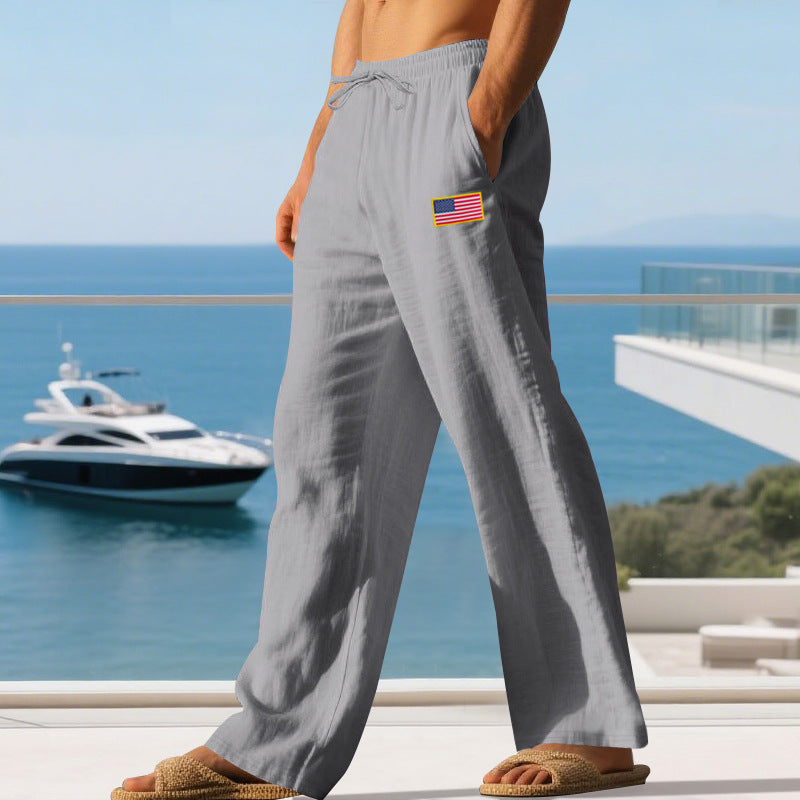 Herren Maritime Relaxed‑Fit Leinenoptik-Freizeithose mit Tunnelzug & Flaggen-Patch Shop Nory