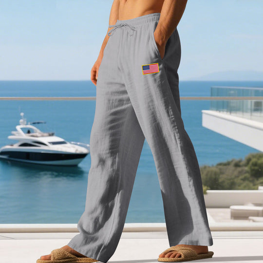 Herren Maritime Relaxed‑Fit Leinenoptik-Freizeithose mit Tunnelzug & Flaggen-Patch Shop Nory