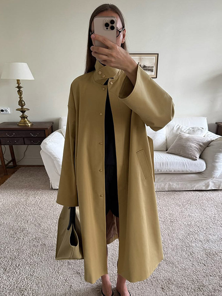 Damen Maxilanger Oversize-Trenchcoat mit Stehkragen und verdeckter Druckknopfleiste Shop Nory