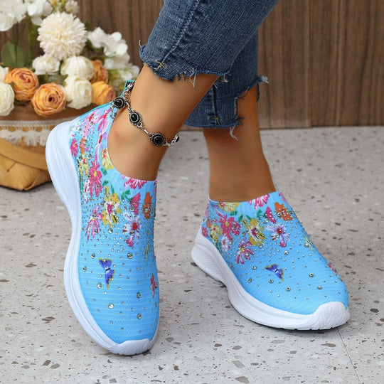 Damen Slip-On Strick-Sneaker mit elastischem Schaft, Blumenprint und Strassbesatz Shop Nory