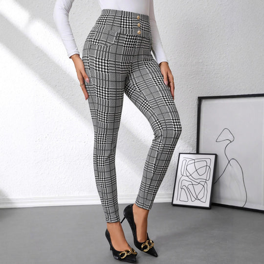 Damen Hochtaillierte Slim-Fit Businesshose mit Glencheck-Muster und Stretch Shop Nory