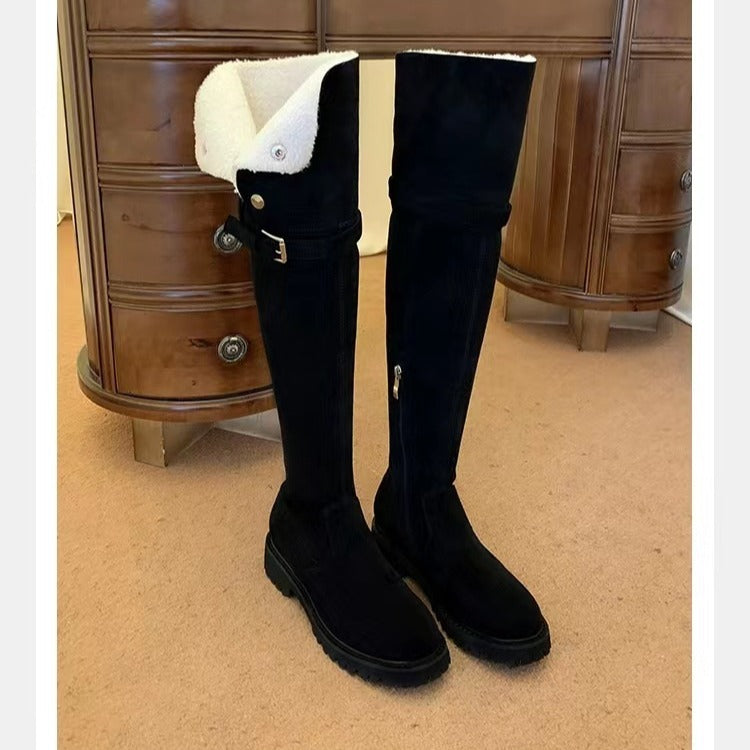 Damen Kniehohe Velours-Winterstiefel mit umklappbarer Schaftrand‑Fütterung und profilierter Lug‑Sohle Shop Nory