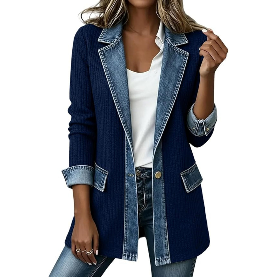 Damen Strickblazer mit Jeansbesatz und Reverskragen Shop Nory