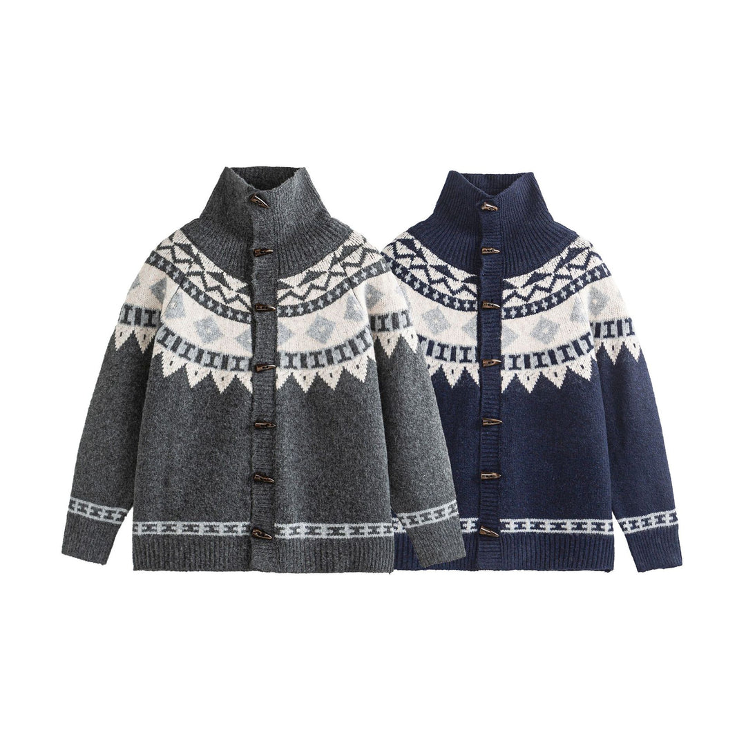 Damen Norwegermuster Strickcardigan mit hohem Stehkragen und Knebelverschlüssen Shop Nory