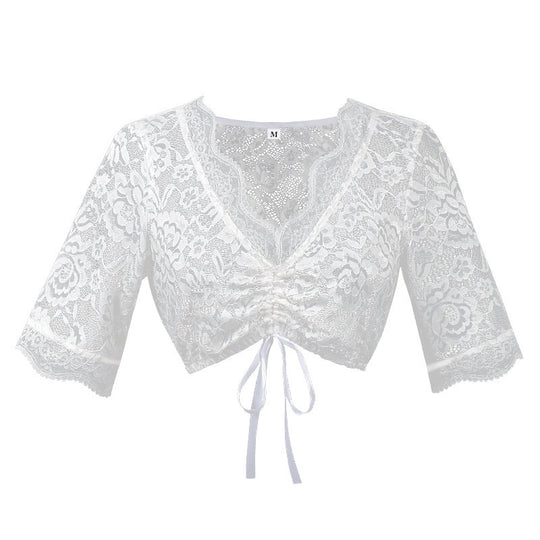Damen nan Spitzenbolero Bluse mit Stehkragen, 3/4 Ärmeln und Bindeband Shop Nory