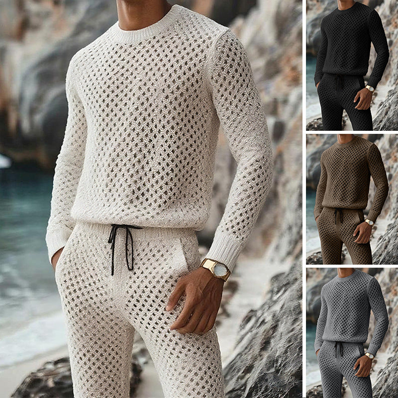 Herren Strukturstrick-Pullover mit feinmaschigem Lochmuster und Rundhals Shop Nory