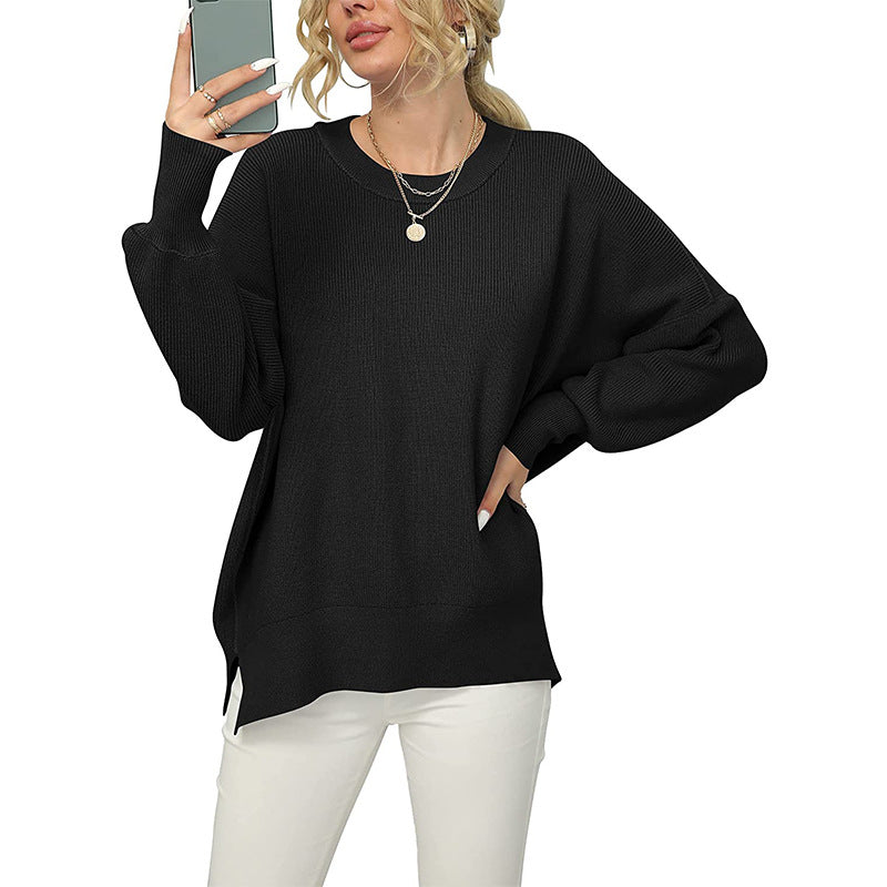 Damen Oversize-Feinstrickpullover mit Rundhalsausschnitt, überschnittener Schulter und Seitenschlitzen Shop Nory