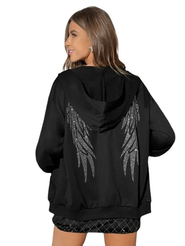 Damen nan Oversize Kapuzenpullover mit funkelndem Strass-Engelsflügel-Rücken Shop Nory