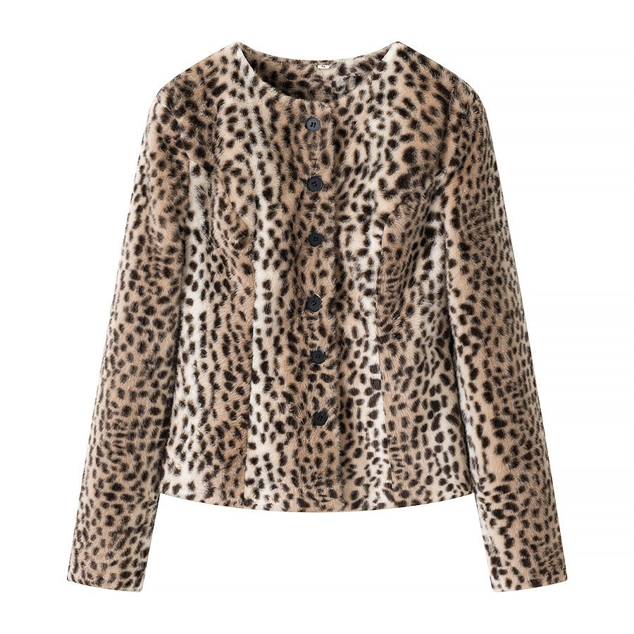Damen Kurzjacke aus Kunstfell mit Leopardenmuster und Knopfleiste Shop Nory