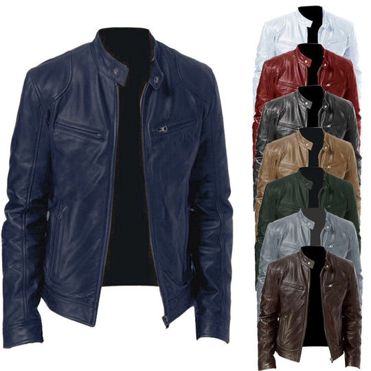 Herren schlanke Echtleder-Bikerjacke mit Stehkragen, zwei Brust-Reißverschlusstaschen und geradliniger Silhouette Shop Nory