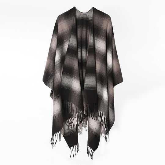 Damen Oversize Wollmix‑Ponchocape mit Ombre‑Karomuster und Fransensaum Shop Nory