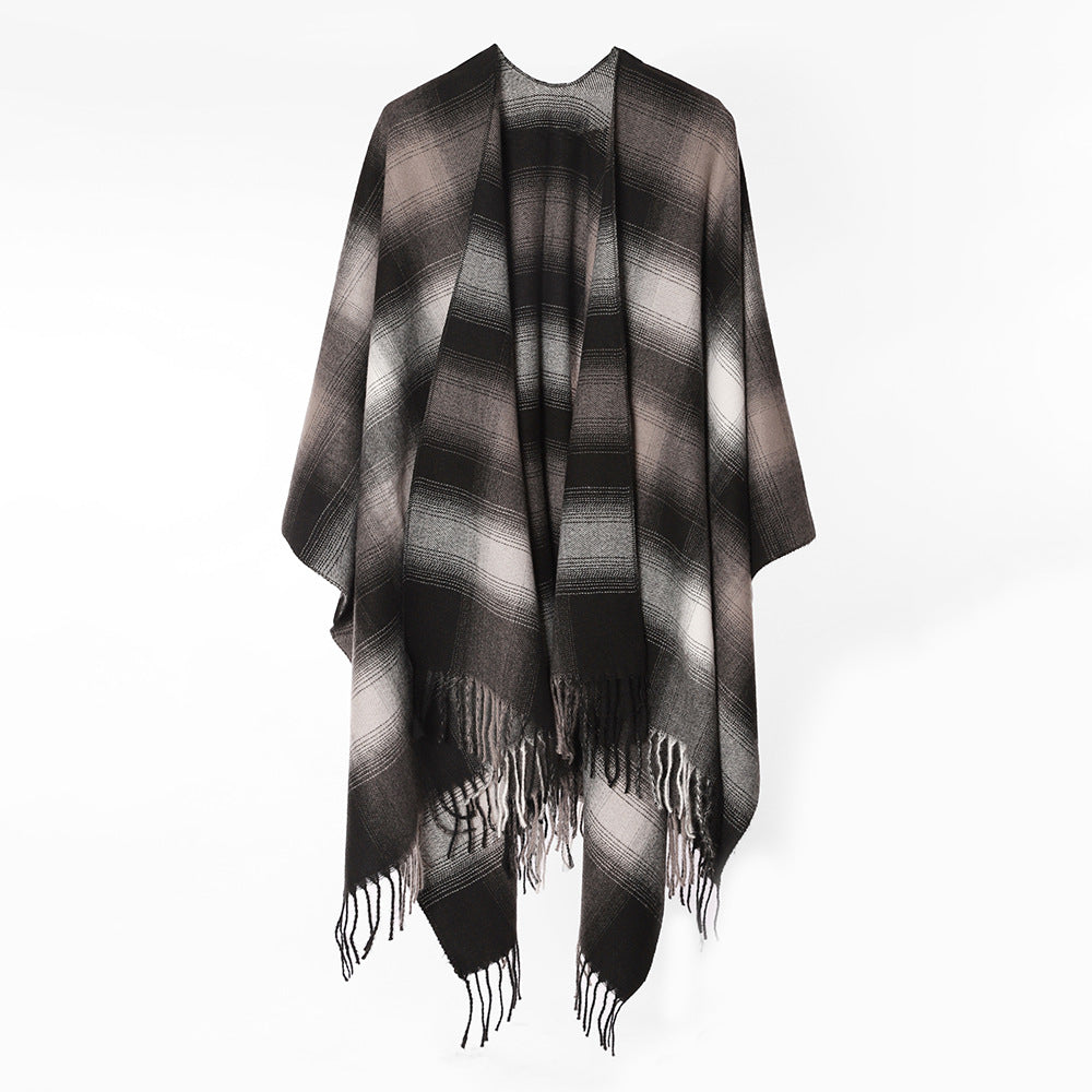 Damen Wollmix-Cape im Dégradé-Karo mit offener Front und Fransen Shop Nory