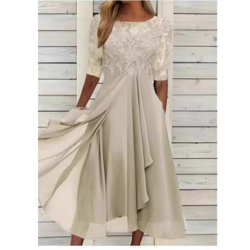 Damen Elegantes Midikleid mit Spitzenärmeln und schwingendem Rock