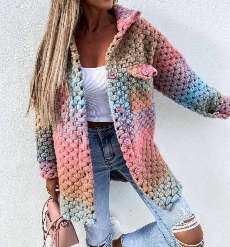 Damen Gehäkelte Oversize-Strickjacke mit Farbverlauf, Knopfleiste und aufgesetzten Taschen Shop Nory