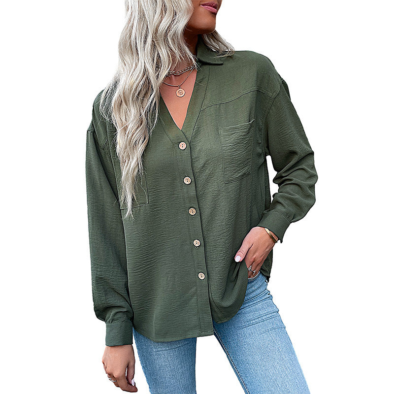 Damen Oversize Crinkle‑Hemdbluse mit V‑Ausschnitt, sichtbarer Knopfleiste und Brusttasche Shop Nory