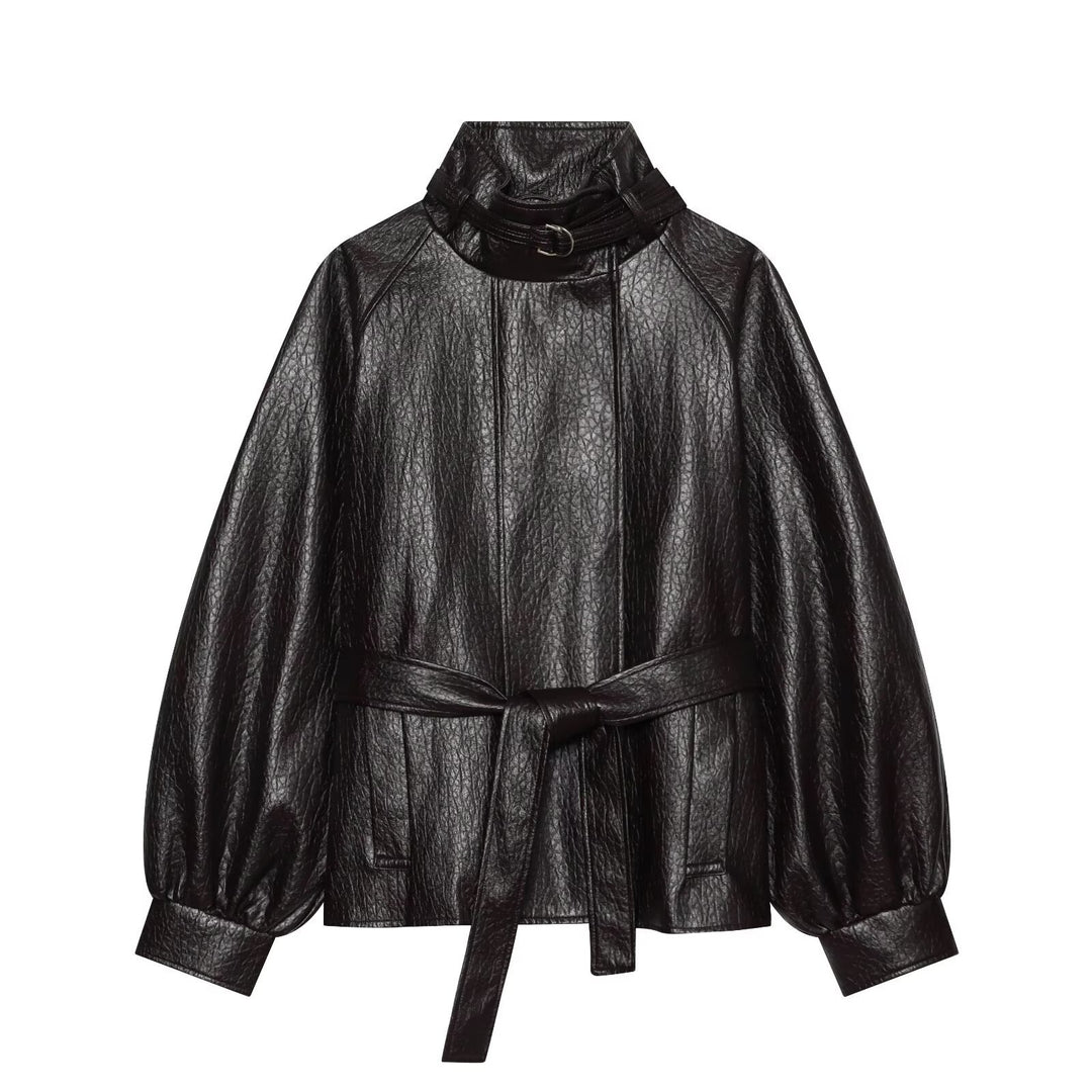 Damen Kurzjacke aus Lederimitat mit hohem Schnallenkragen und Taillengürtel Shop Nory