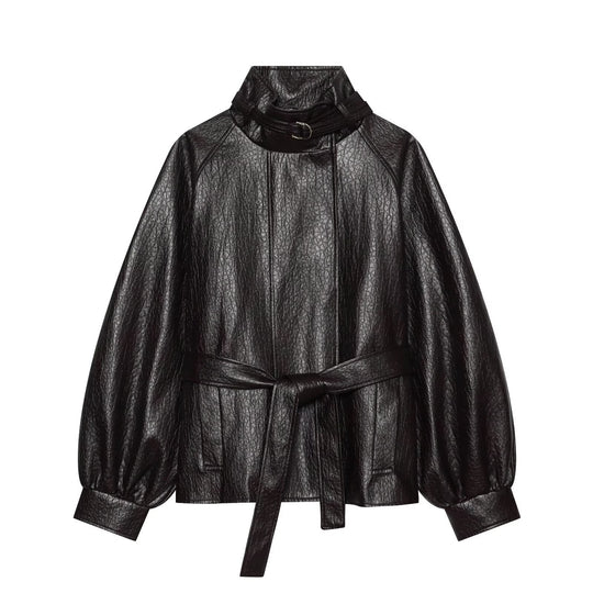 Damen Kurzjacke aus Lederimitat mit hohem Schnallenkragen und Taillengürtel Shop Nory