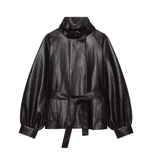 Damen Kurzjacke aus Lederimitat mit hohem Schnallenkragen und Taillengürtel Shop Nory