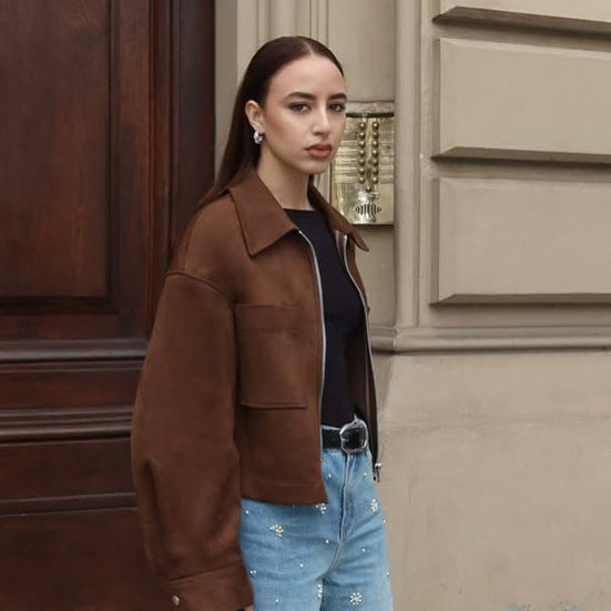 Damen Kurze Veloursleder‑Optik Jacke mit Reißverschluss und Oversize‑Ärmeln Shop Nory
