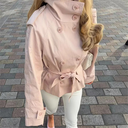 Damen Kurzjacke im Trench‑Stil mit Stehkragen Doppelreihe und Bindegürtel Shop Nory