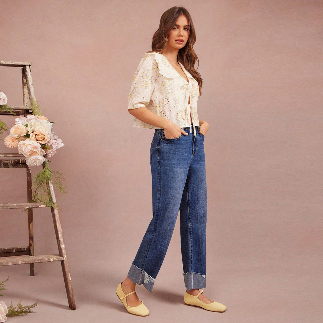 Damen Hochtaillierte Cropped-Jeans mit weitem Bein und ausgefranstem Umschlag Shop Nory