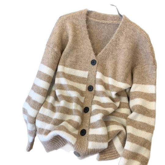 Damen Gemütlicher Strickcardigan mit V-Ausschnitt und Streifen Shop Nory