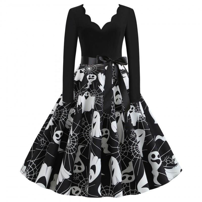 Damen Swingkleid mit wellenförmigem Ausschnitt, langärmligem Oberteil und Geister-Print mit Taillenschleife Shop Nory