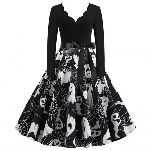 Damen Swingkleid mit wellenförmigem Ausschnitt, langärmligem Oberteil und Geister-Print mit Taillenschleife Shop Nory