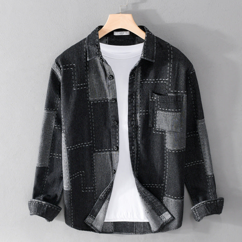 Herren Patchwork-Hemdjacke aus strukturiertem Denim mit sichtbarer Naht und Brusttasche Shop Nory