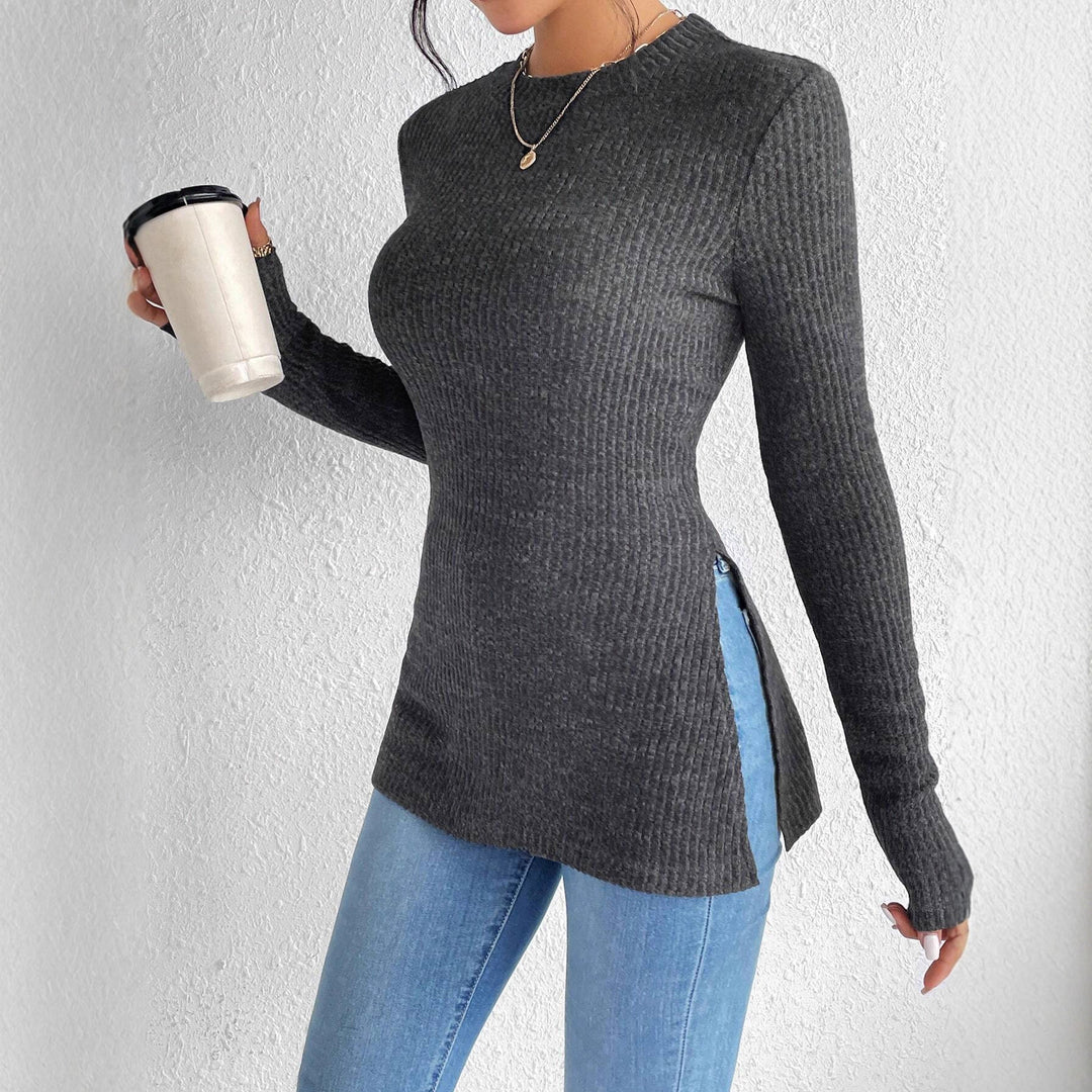 Damen Gerippter Taillierter Feinstrick-Pullover mit Stehkragen, langen Ärmeln und Seitenschlitzen Shop Nory