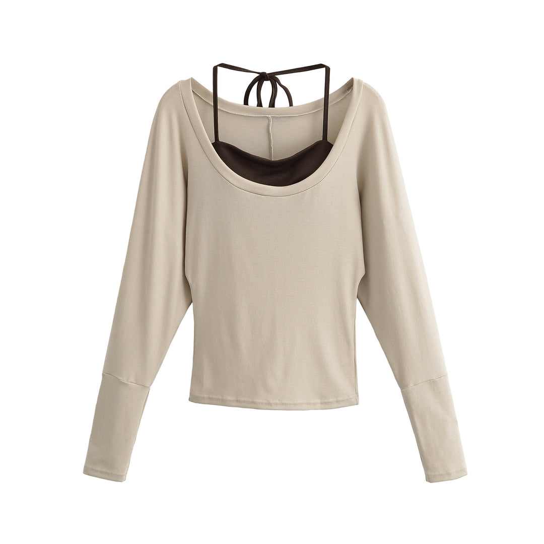 Damen Lagen-Langarmshirt mit integriertem Spaghettiträger-Cami und weitem Rundhals Shop Nory