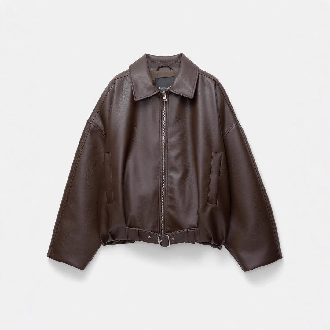 Damen Modische Kunstlederjacke mit Bauchgurt