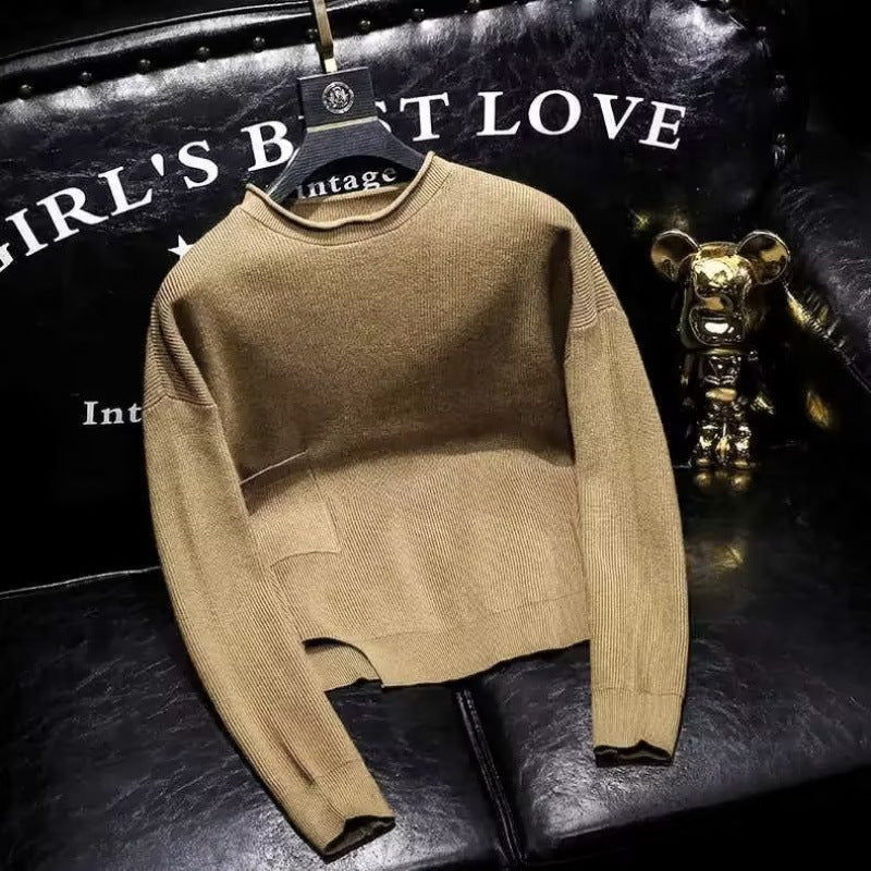 Damen Kurz geschnittener Strickpullover mit unregelmäßigem Saum und Rundhalsausschnitt Shop Nory