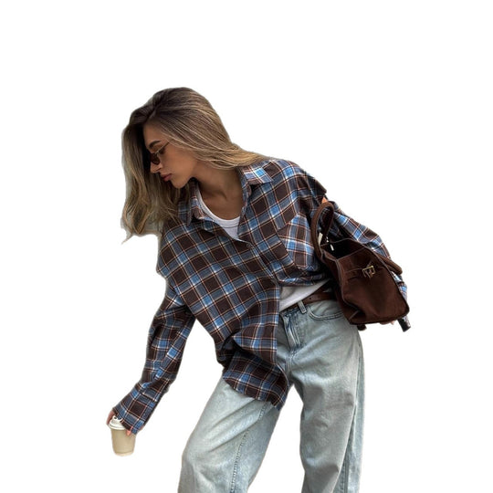 Damen karierte Oversize-Hemdjacke mit Cut-Out-Ärmeln und rohem Saum Shop Nory