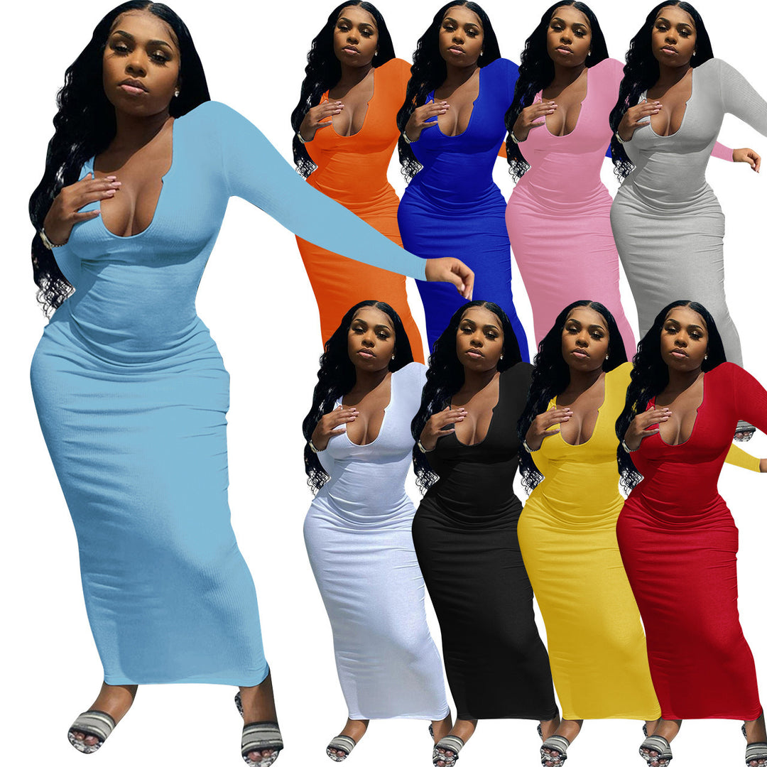 Damen Figurbetontes Rippenstrick-Maxikleid mit tiefem U-Ausschnitt und langen Ärmeln Shop Nory