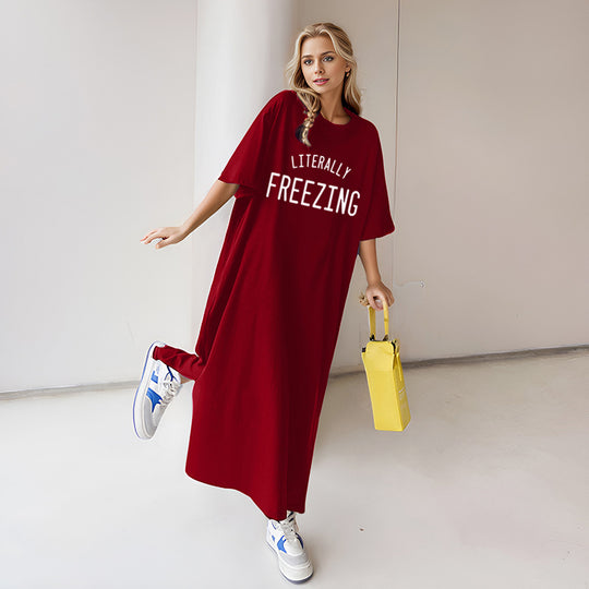 Damen nan lässiges Oversize Maxi-T-Shirt-Kleid mit Rundhals und Statement-Print Shop Nory