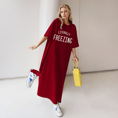 Damen nan lässiges Oversize Maxi-T-Shirt-Kleid mit Rundhals und Statement-Print Shop Nory