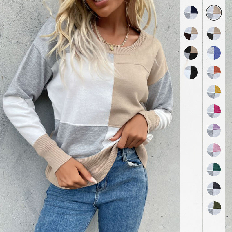Damen Patchwork-Strickpullover mit kontrastierenden Feldern, Rundhalsausschnitt und gerippten Abschlüssen Shop Nory