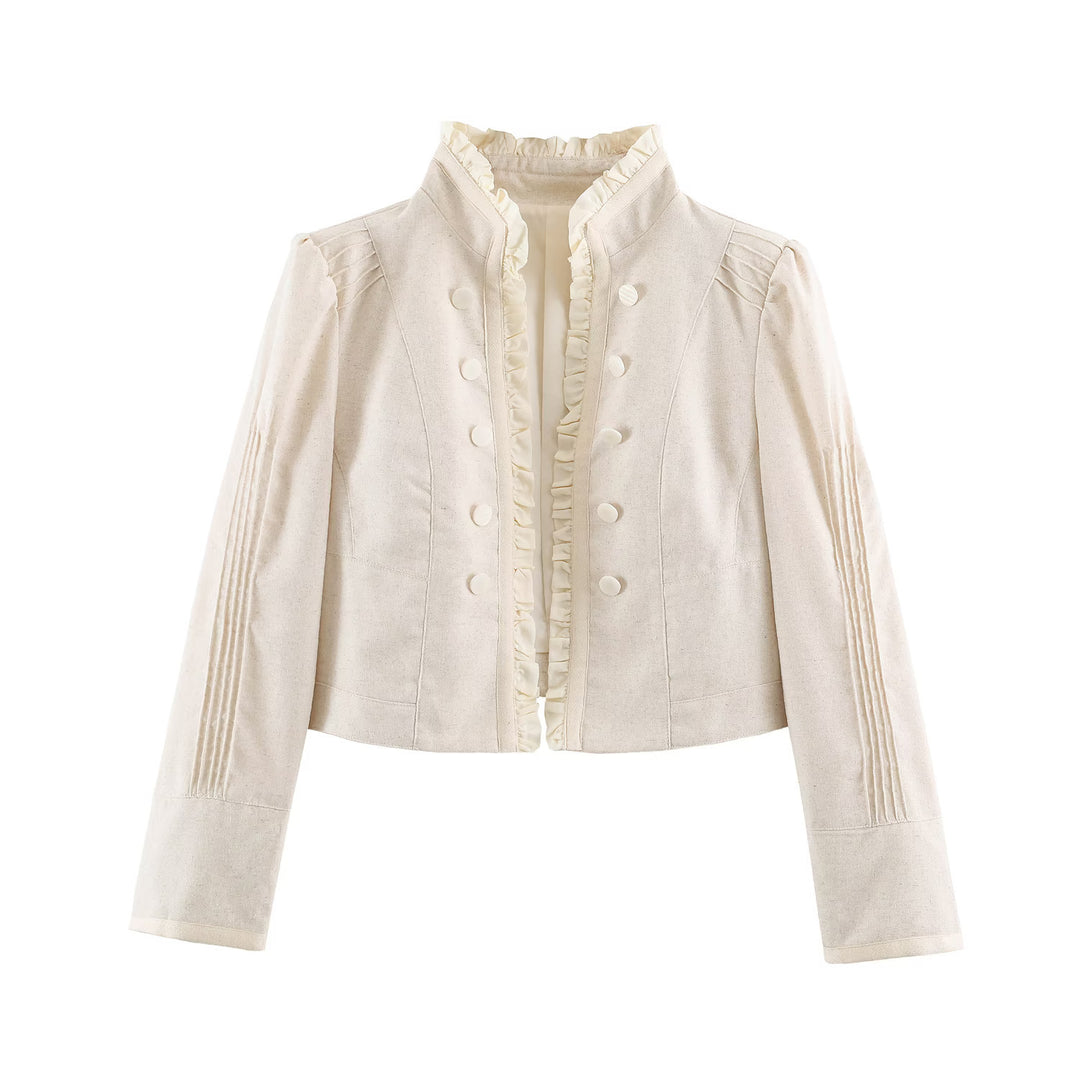 Damen taillierte Kurzjacke mit Rüschenkragen und dekorativer Zierknopfleiste Shop Nory