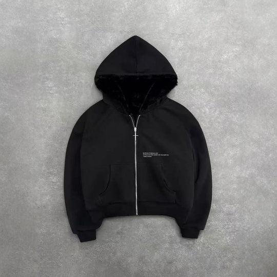 Unisex Kapuzen-Sweatjacke mit Kunstfellfutter, verkürztem Schnitt und Kreuz-Reißverschluss Shop Nory