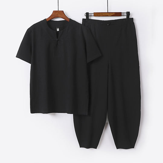 Herren Zweiteiliges Set mit Kurzarm-Stehkragenhemd und elastischer Haremshose Shop Nory