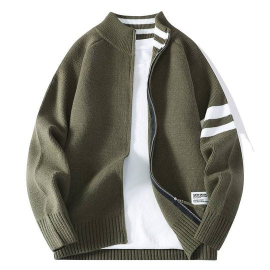 Herren gestrickte Zip-Cardigan im College-Stil mit gestreiftem Ärmelband und geripptem Stehkragen Shop Nory